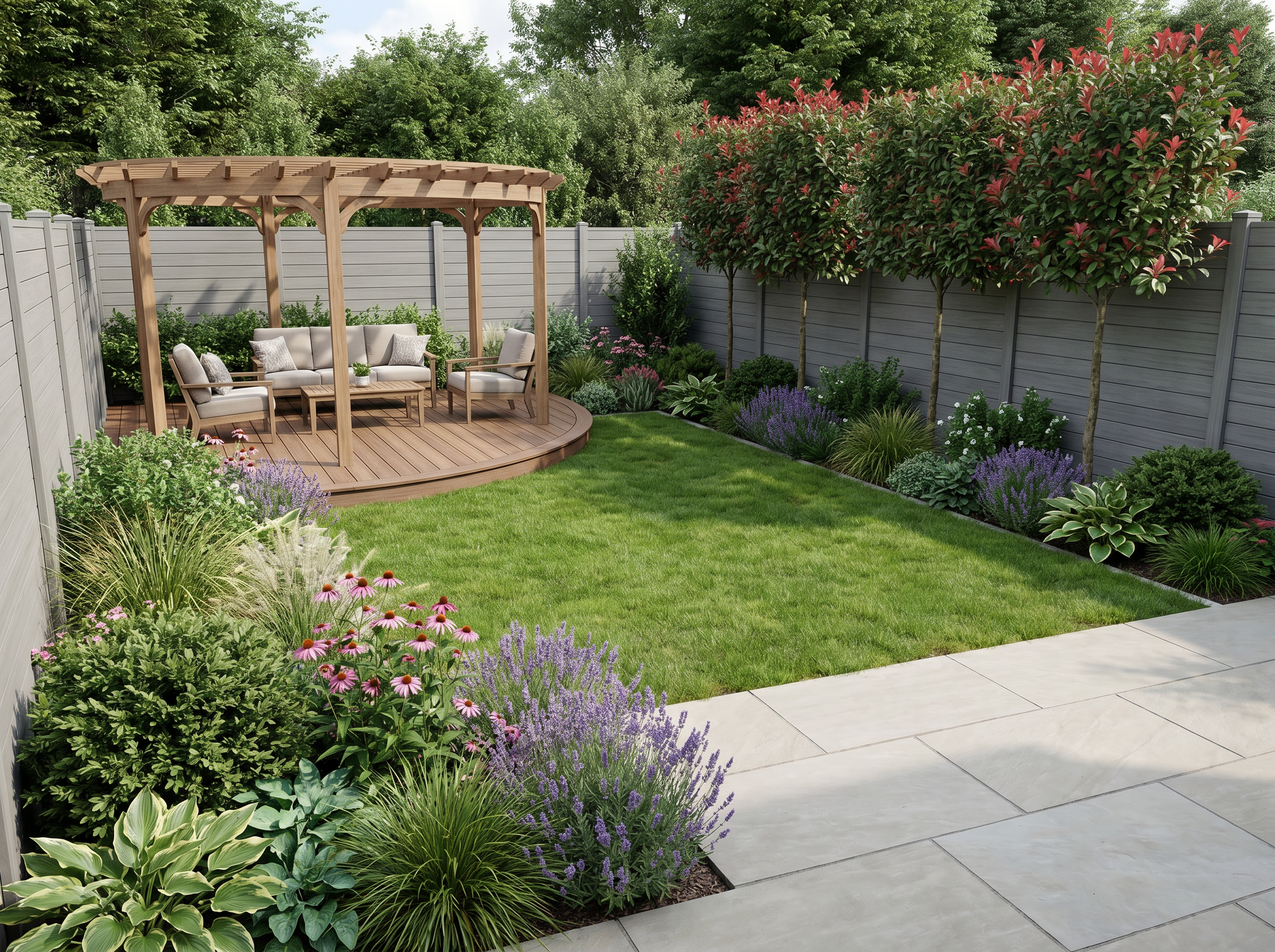 Photorealistic Rowan Gardens render with lightweight pergola, composite decking, sandstone patio and photinia pleached trees