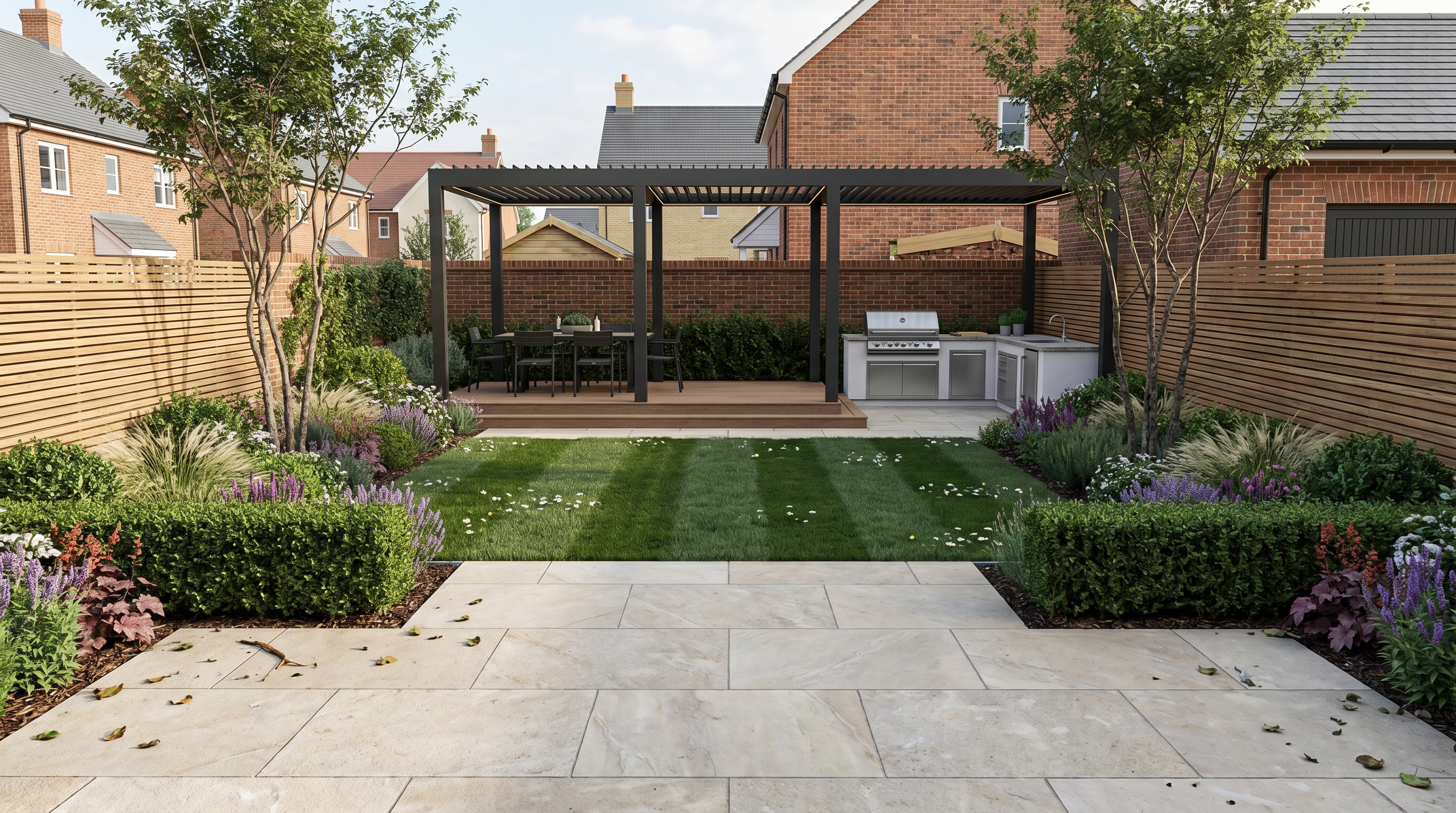Rowan Gardens new-build garden with outdoor kitchen, pergola and composite decking