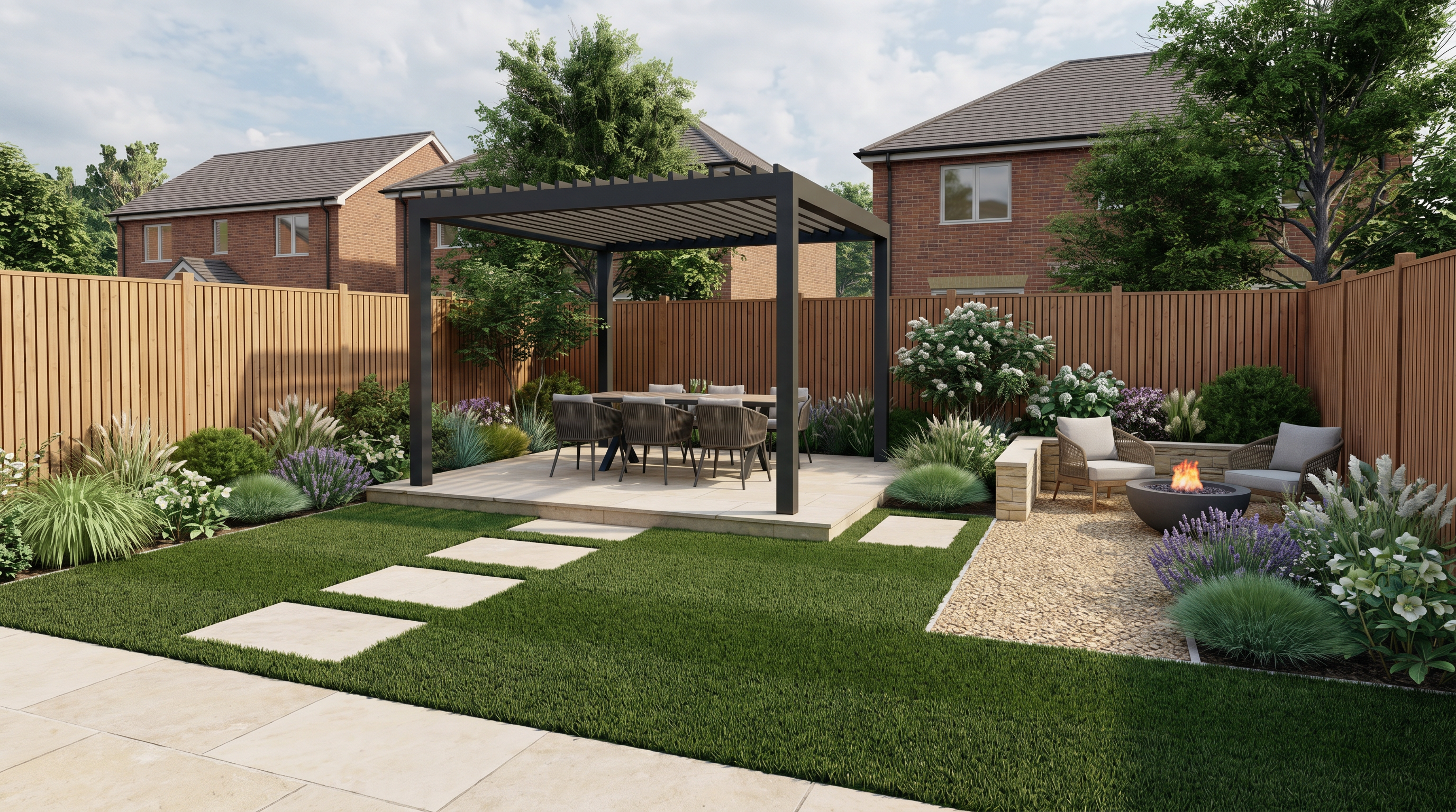 Rowan Gardens small garden with pergola, limestone paving and planting